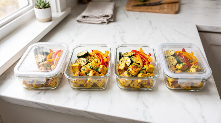Quattro contenitori in vetro per il meal prep allineati su un piano cucina in marmo, contenenti cubetti di pollo al curry, zucchine grigliate e peperoni rossi e gialli saltati.