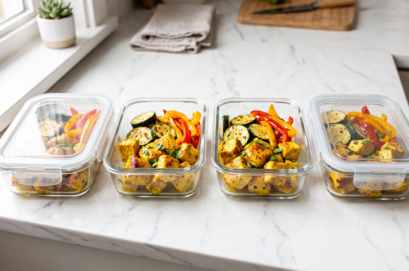 Quattro contenitori in vetro per il meal prep allineati su un piano cucina in marmo, contenenti cubetti di pollo al curry, zucchine grigliate e peperoni rossi e gialli saltati.