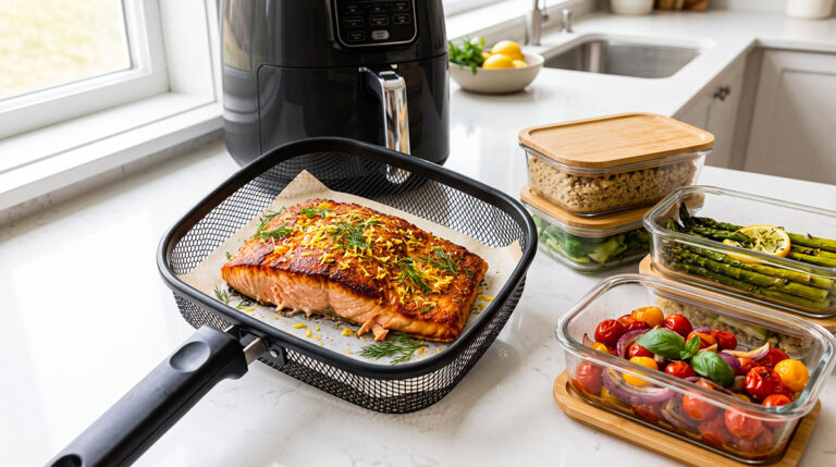 filetto di salmone in friggitrice ad aria croccante e succoso per meal prep