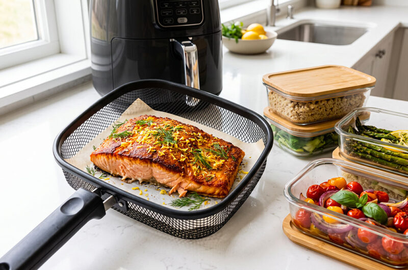 filetto di salmone in friggitrice ad aria croccante e succoso per meal prep